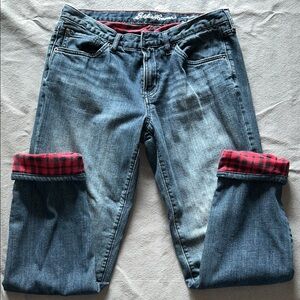 Eddie Bauer Blue Jeans with Red Plaid Flannel Lining